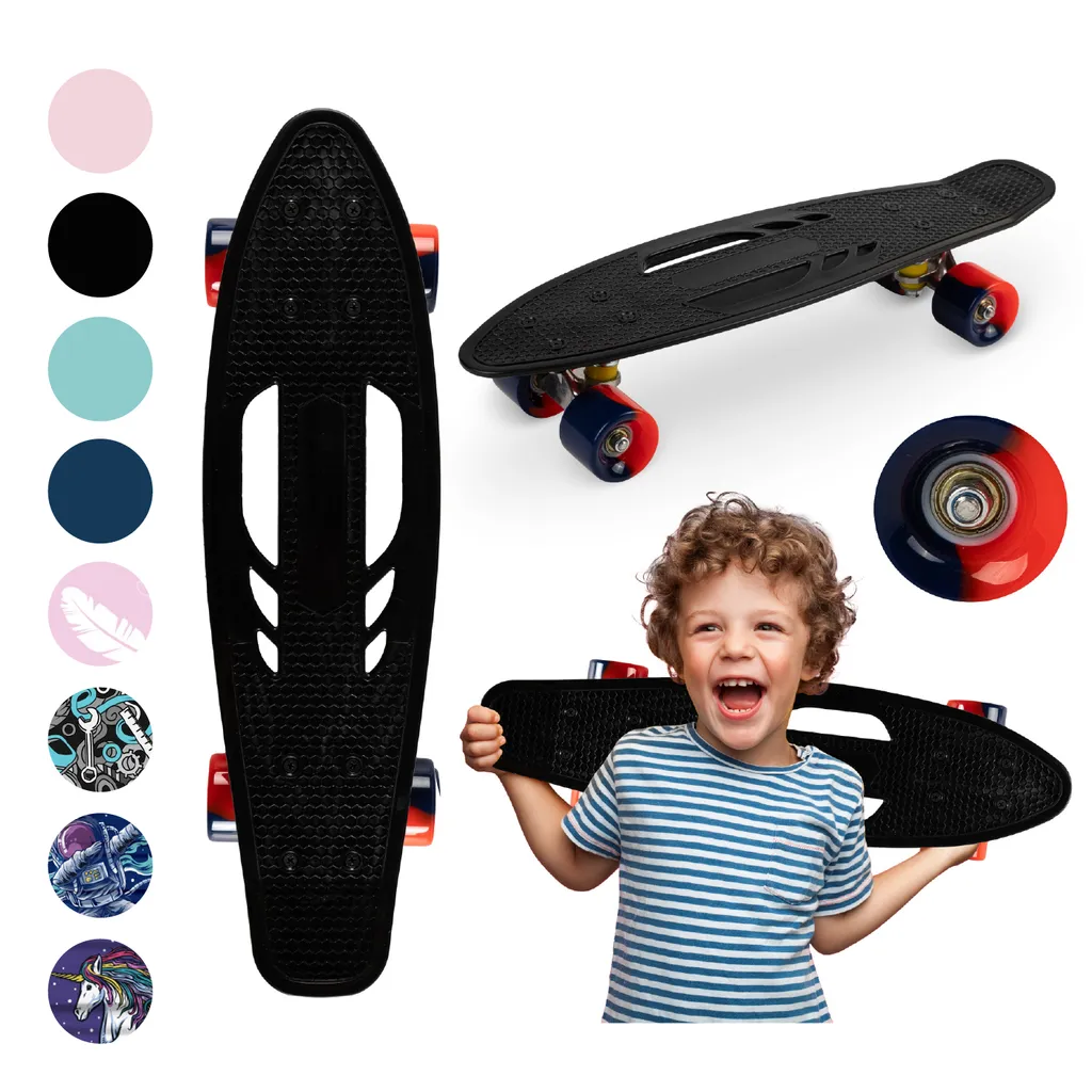 QKIDS Skateboard - Cruiser, 8 Designs, ABEC-7, 55,5 cm Deck, Bis zu 50kg, Schwarz-Rot